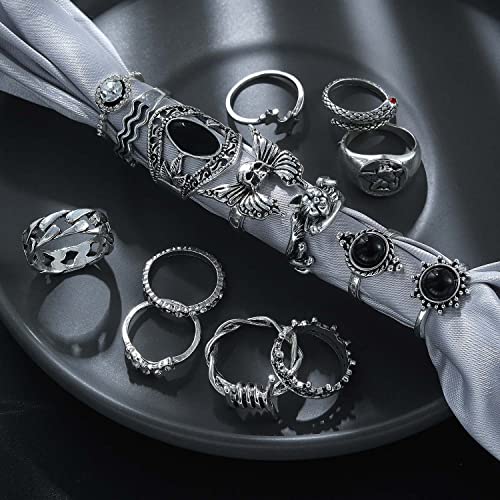 17IF 26 PCS Vintage Silver Goth Ring Set for Women Punk Boho Stackable Finger Knuckle Ring Pack Gothic Chunky Aesthetic Grunge adjustable Animal Devil Skull Angel Crying Eye Emo Retro Sparkle Crystal Rings - Image 3