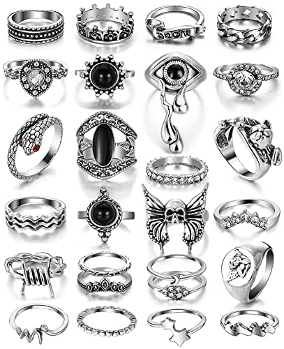 17IF 26 PCS Vintage Silver Goth Ring Set for Women Punk Boho Stackable Finger Knuckle Ring Pack Gothic Chunky Aesthetic Grunge adjustable Animal Devil Skull Angel Crying Eye Emo Retro Sparkle Crystal Rings - Image 1