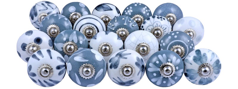 Jgarts 20 Knobs Grey & White Cream Hand Painted Ceramic Knobs Cabinet Drawer Pull Pulls - Image 1