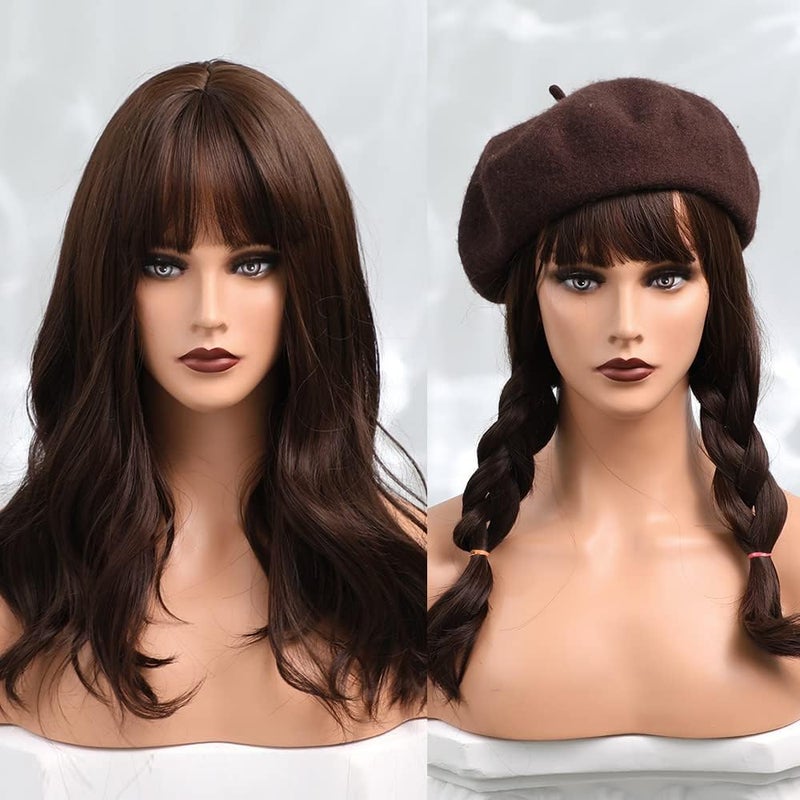 اي سي اي اف باروكة شعر مستعار بني طويل مجعد من ECIF للسيدات مع غرة، سهلة العناية بها - Image 2