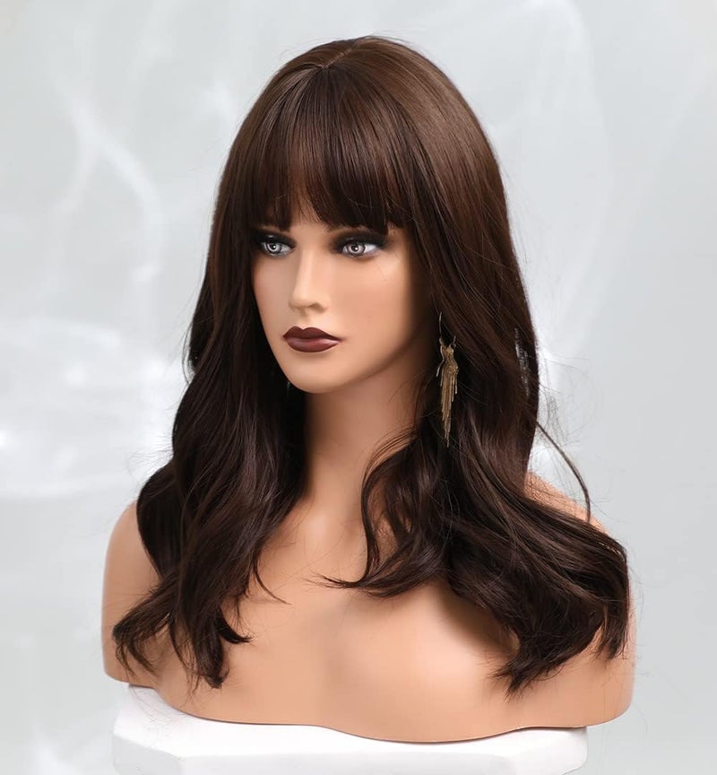 اي سي اي اف باروكة شعر مستعار بني طويل مجعد من ECIF للسيدات مع غرة، سهلة العناية بها - Image 4