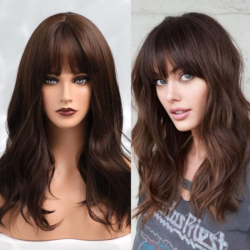 اي سي اي اف باروكة شعر مستعار بني طويل مجعد من ECIF للسيدات مع غرة، سهلة العناية بها - Image 1