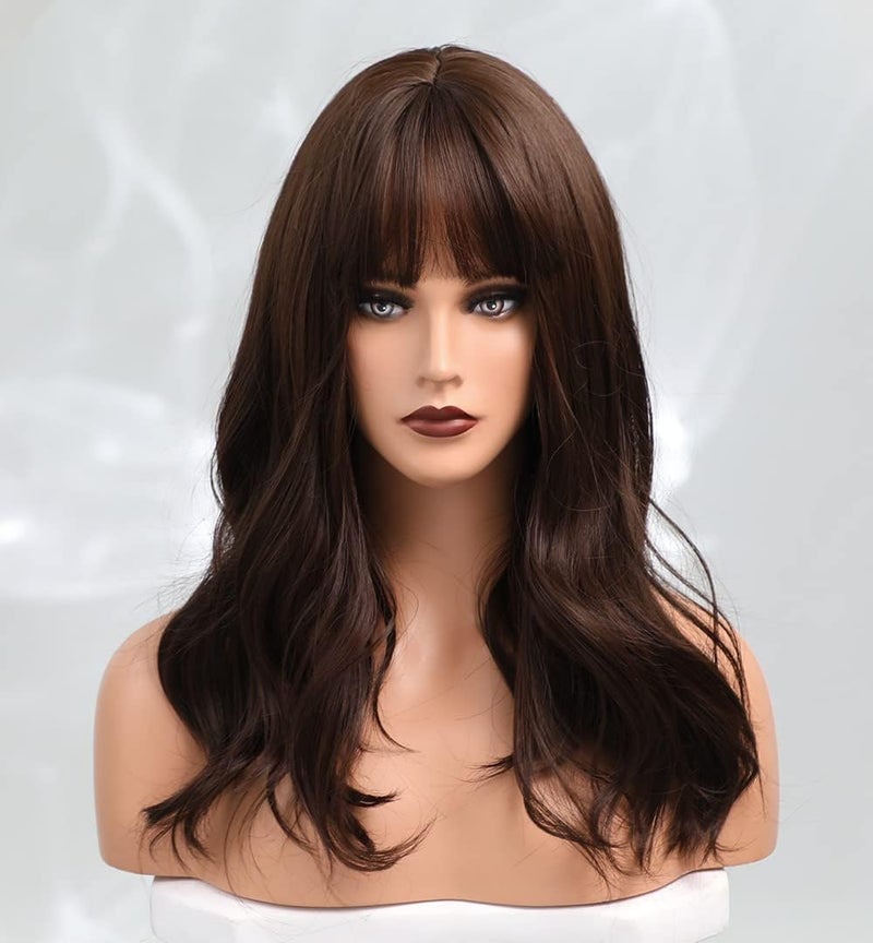 اي سي اي اف باروكة شعر مستعار بني طويل مجعد من ECIF للسيدات مع غرة، سهلة العناية بها - Image 3