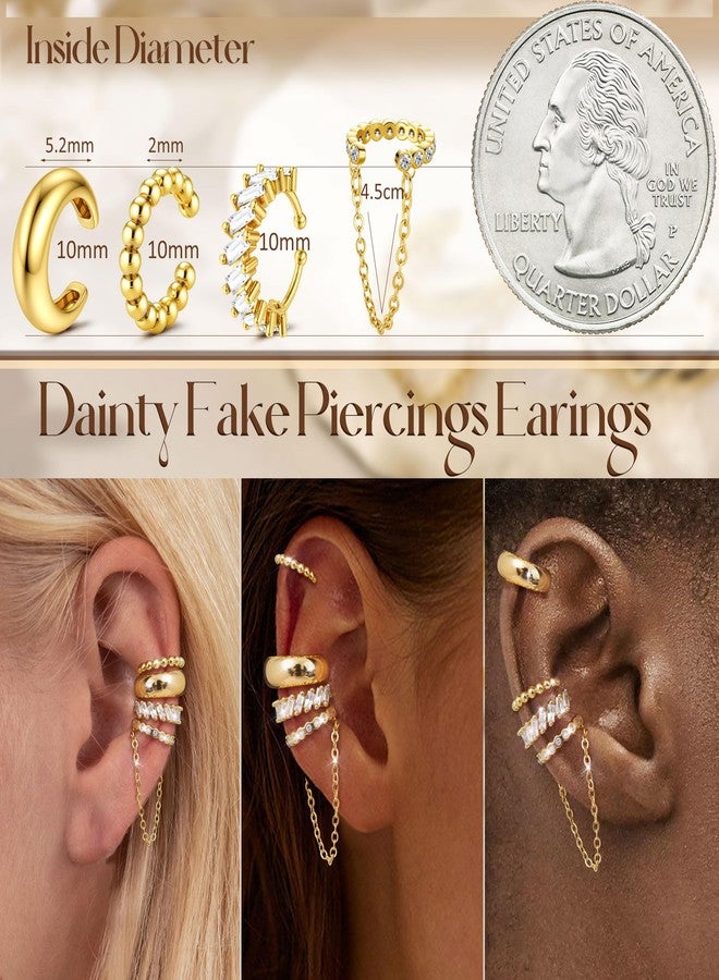 Florideco 4Pcs Ear Cuffs Non-Piercing for Women Dainty 14K Gold Plated Clip On Cartilage Earrings Hypoallergenic Huggie Hoop Cuffs Fake Earings for Non Pierced Ears, Brass, Cubic Zirconia - Image 5