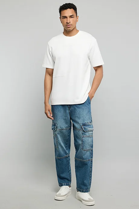 أر أند بي Embossed Print T-Shirt with Crew Neck and Short Sleeves