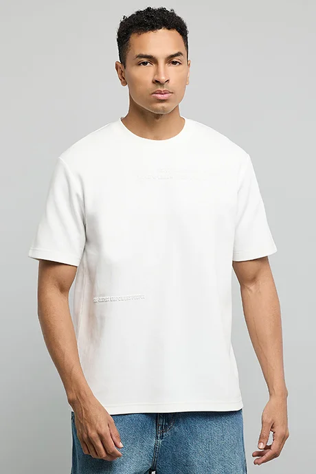 أر أند بي Embossed Print T-Shirt with Crew Neck and Short Sleeves