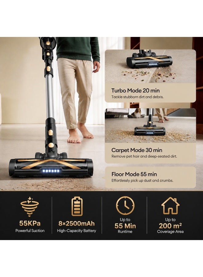 ibsun Cordless Vacuum Cleaner, 55KPa 600W Stick Vacuum with 55Min Runtime, 1.6L Dust Cup, Multi-Cyclone Filtration, Touchscreen, Anti-Tangle Brush, Wall-Mounted Charging Dock, Self-Standing, for Pet Hair, Carpets and Hard Floors - Image 2