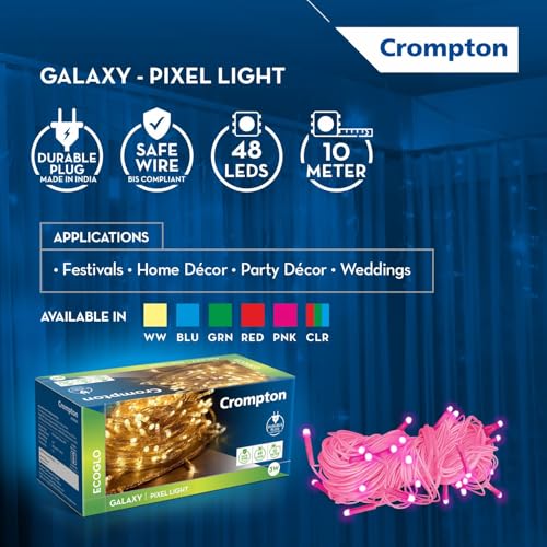 Crompton Galaxy Pixel Light | Festive Ladi Lights | 10 Meter | 48 LEDs | Pink | Pack of 1 | Direct 2-pin Plug | BIS Safe Wire | for Home Decoration, Diwali, Festival, Birthday, Marriage - Image 3