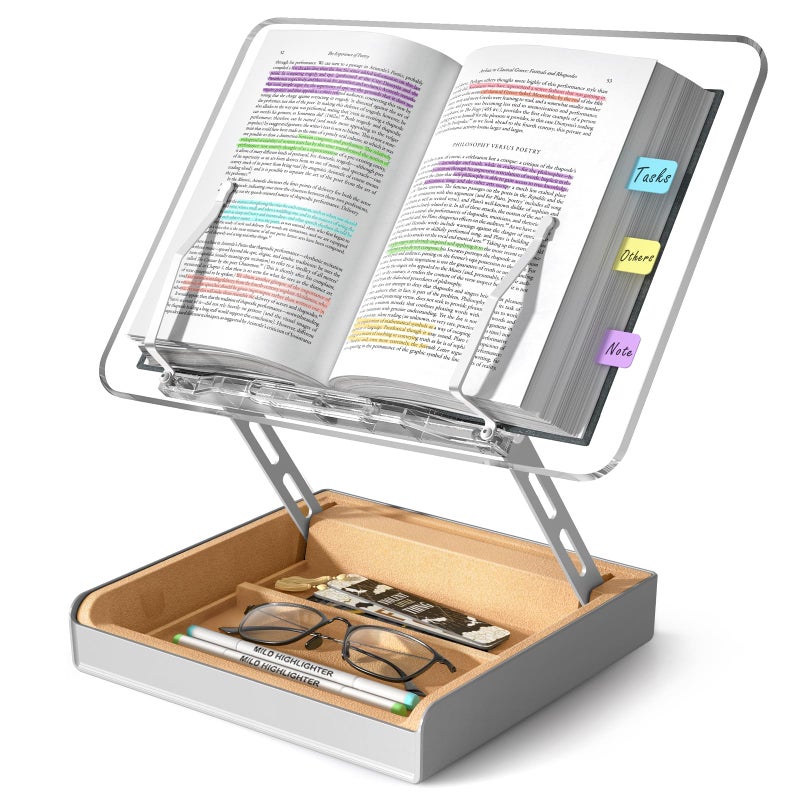 HUMANCOZY Book Stand with Storage, Book Holder for Reading Hands Free, Wooden Cookbook Stand for Kitchen Counter, Adjustable Reading Stand for Desk, Recipe Stand, Book Prop for Book Lovers (Clear) - Image 1