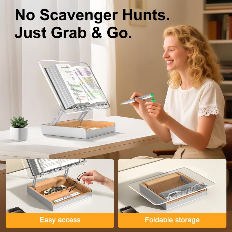 HUMANCOZY Book Stand with Storage, Book Holder for Reading Hands Free, Wooden Cookbook Stand for Kitchen Counter, Adjustable Reading Stand for Desk, Recipe Stand, Book Prop for Book Lovers (Clear) - Image 4