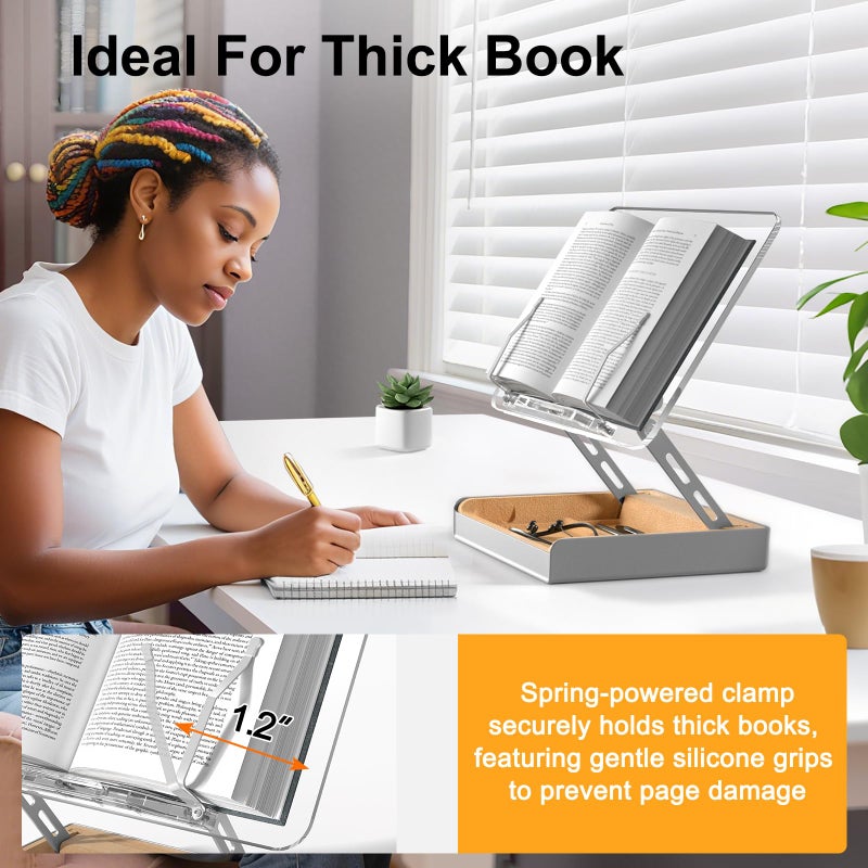 HUMANCOZY Book Stand with Storage, Book Holder for Reading Hands Free, Wooden Cookbook Stand for Kitchen Counter, Adjustable Reading Stand for Desk, Recipe Stand, Book Prop for Book Lovers (Clear) - Image 5