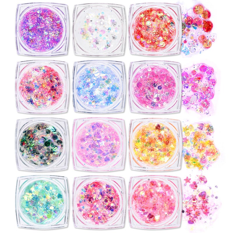 Ownest 12 Colors Holographic Chunky Glitter Gel Set, Christmas Party Makeup Face Body Eye Lips Hair Nail Cosmetic Festival Chunky Glitter Eyeshadow, Mixable, No Need Glue - Image 1