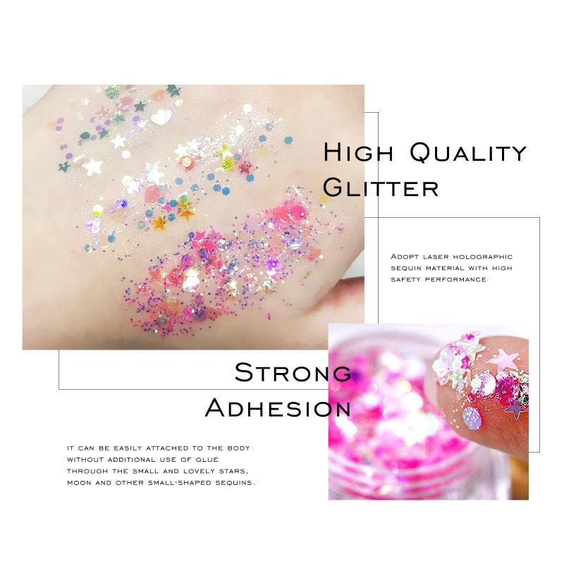 Ownest 12 Colors Holographic Chunky Glitter Gel Set, Christmas Party Makeup Face Body Eye Lips Hair Nail Cosmetic Festival Chunky Glitter Eyeshadow, Mixable, No Need Glue - Image 2