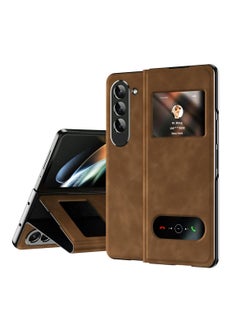 Aookay For Samsung Galaxy Z Fold 5 Magnetic Flip Folding Case, Open Window Design, Premium Luxury Business Nappa Leather, Hidden Stand Full Body Hinge Protection Ultra-thin Case (Z Fold 5 Brown)  - Image 1
