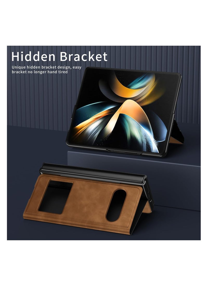 Aookay - For Samsung Galaxy Z Fold 5 Magnetic Flip Folding Case, Open Window Design, Premium Luxury Business Nappa Leather, Hidden Stand Full Body Hinge Protection Ultra-thin Case (Z Fold 5 Brown) - Image 1