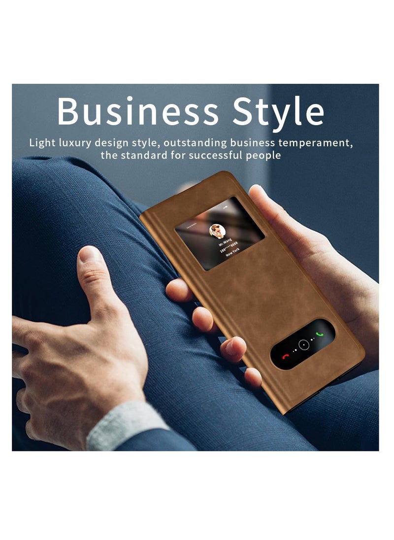 Aookay - For Samsung Galaxy Z Fold 5 Magnetic Flip Folding Case, Open Window Design, Premium Luxury Business Nappa Leather, Hidden Stand Full Body Hinge Protection Ultra-thin Case (Z Fold 5 Brown) - Image 1