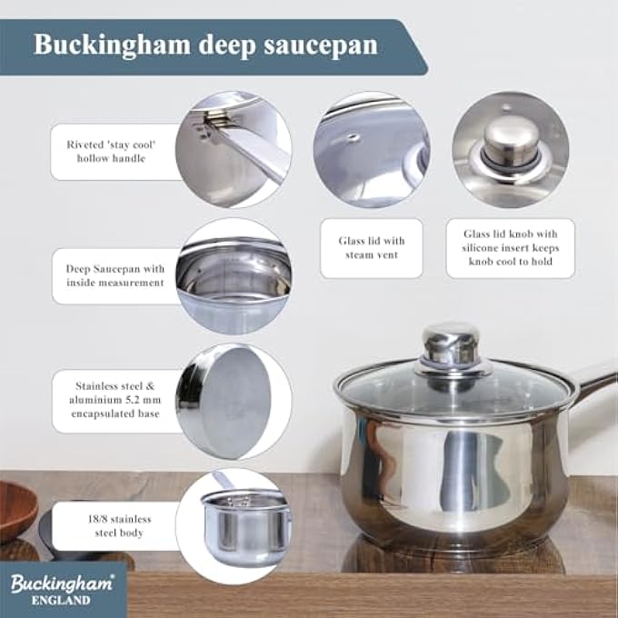 Buckingham Stainless Steel Induction Deep Saucepan With Glass Lid Cooking Pot 16 Cm  2 Litre  Premium Quality 70610 - Image 5