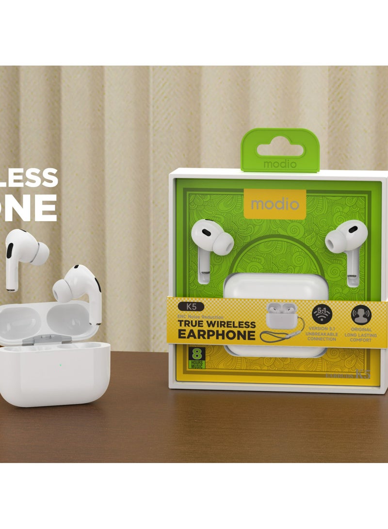 موديو سماعات أذن لاسلكية حقيقية K5 - داخل الأذن، بيضاء، مريحة، بلوتوث V5.3، زمن انتقال منخفض للغاية، مدى ممتد 10 أمتار، صوت عالي الجودة، اتصال سلس، علبة شحن مجانية متضمنة - Image 4