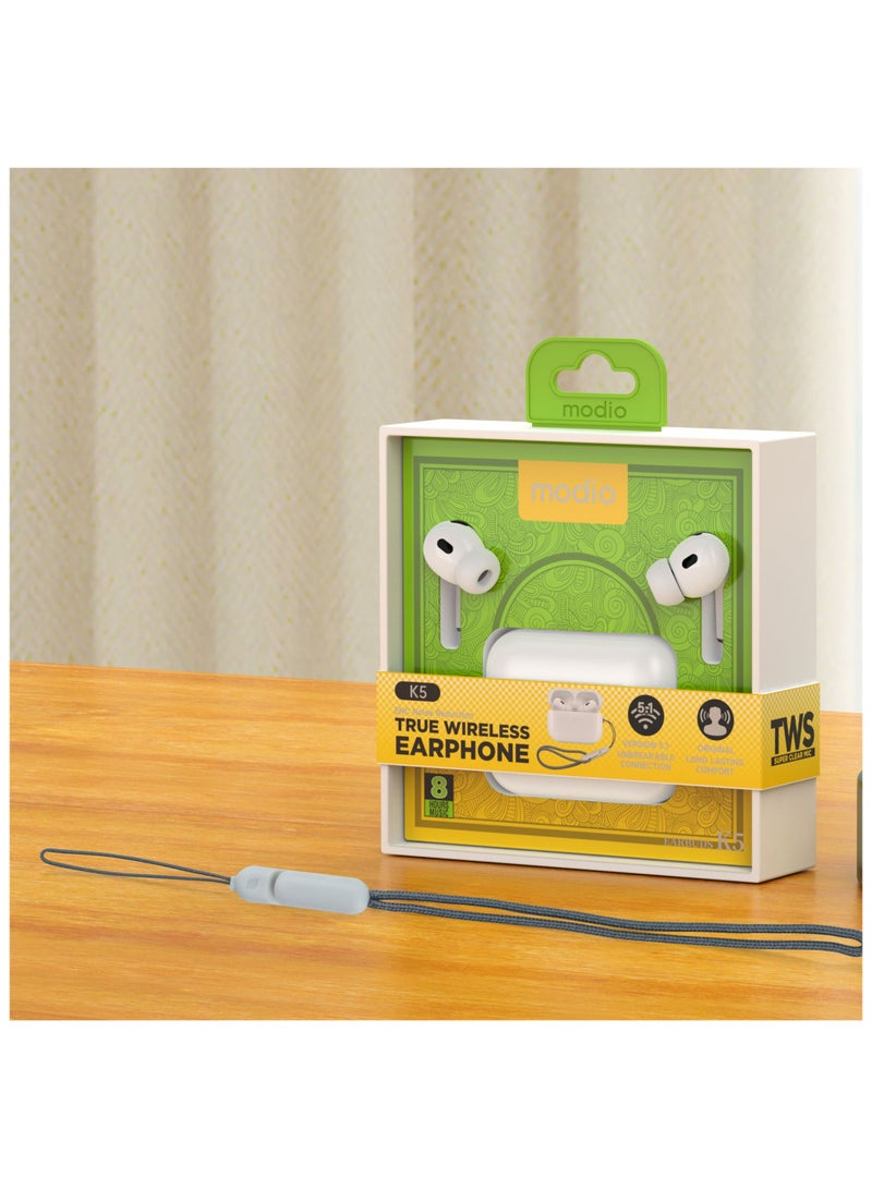 موديو سماعات أذن لاسلكية حقيقية K5 - داخل الأذن، بيضاء، مريحة، بلوتوث V5.3، زمن انتقال منخفض للغاية، مدى ممتد 10 أمتار، صوت عالي الجودة، اتصال سلس، علبة شحن مجانية متضمنة - Image 2
