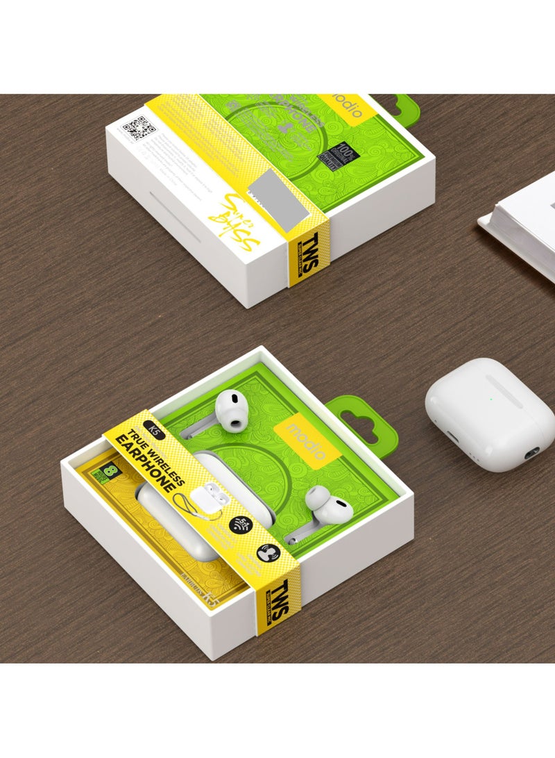 موديو سماعات أذن لاسلكية حقيقية K5 - داخل الأذن، بيضاء، مريحة، بلوتوث V5.3، زمن انتقال منخفض للغاية، مدى ممتد 10 أمتار، صوت عالي الجودة، اتصال سلس، علبة شحن مجانية متضمنة - Image 5