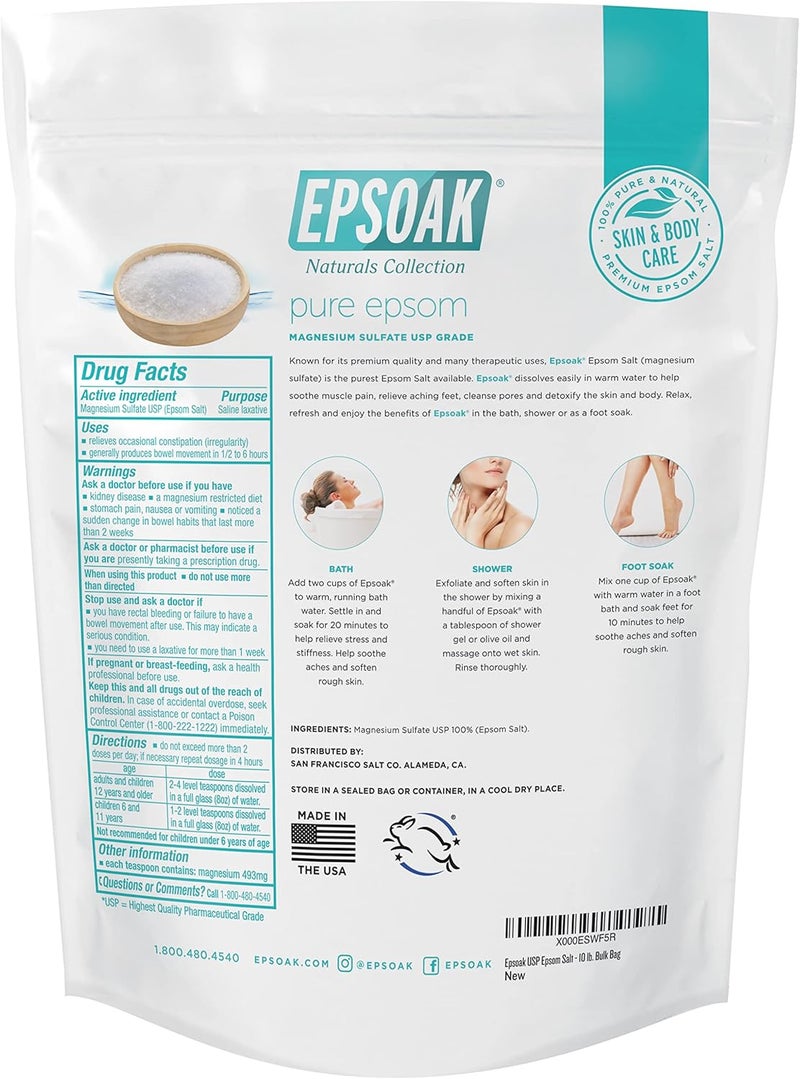 Epsoak Epsom Magnesium Sulfate USP Salt - 10 lbs Resealable Bulk Bag - Image 2