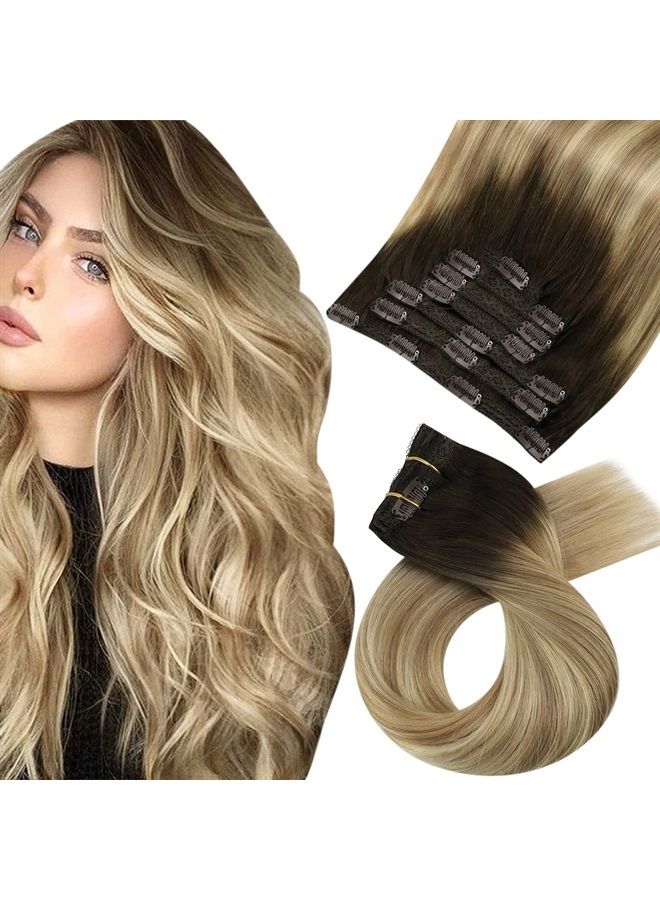 Moresoo Clip in Extensions Real Human Hair Blonde Balayage Clip in Human Hair Extensions Brown Highlighted with Blonde 16inch 7Pieces 120Grams #3/8/22 Dark Rooted Hair Extensions Real Hair Clip ins - Image 1