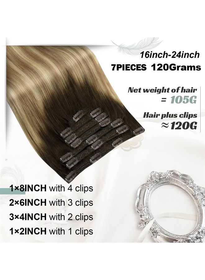 Moresoo Clip in Extensions Real Human Hair Blonde Balayage Clip in Human Hair Extensions Brown Highlighted with Blonde 16inch 7Pieces 120Grams #3/8/22 Dark Rooted Hair Extensions Real Hair Clip ins - Image 3