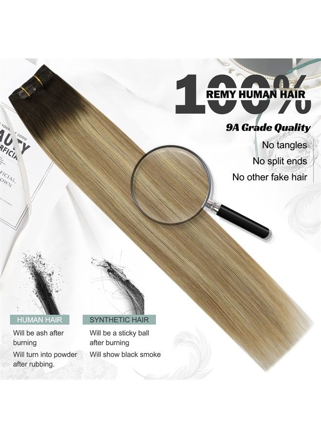 Moresoo Clip in Extensions Real Human Hair Blonde Balayage Clip in Human Hair Extensions Brown Highlighted with Blonde 16inch 7Pieces 120Grams #3/8/22 Dark Rooted Hair Extensions Real Hair Clip ins - Image 2