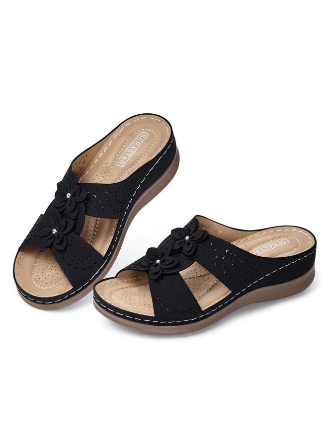 SERASTAR Dressy Flat Sandals for Women - Arch Support Comfortable Walking Slip on Summer Casual Beach Wide Width Flower Womens flats Slide Sandal Shoes, Black, 8 - Image 4