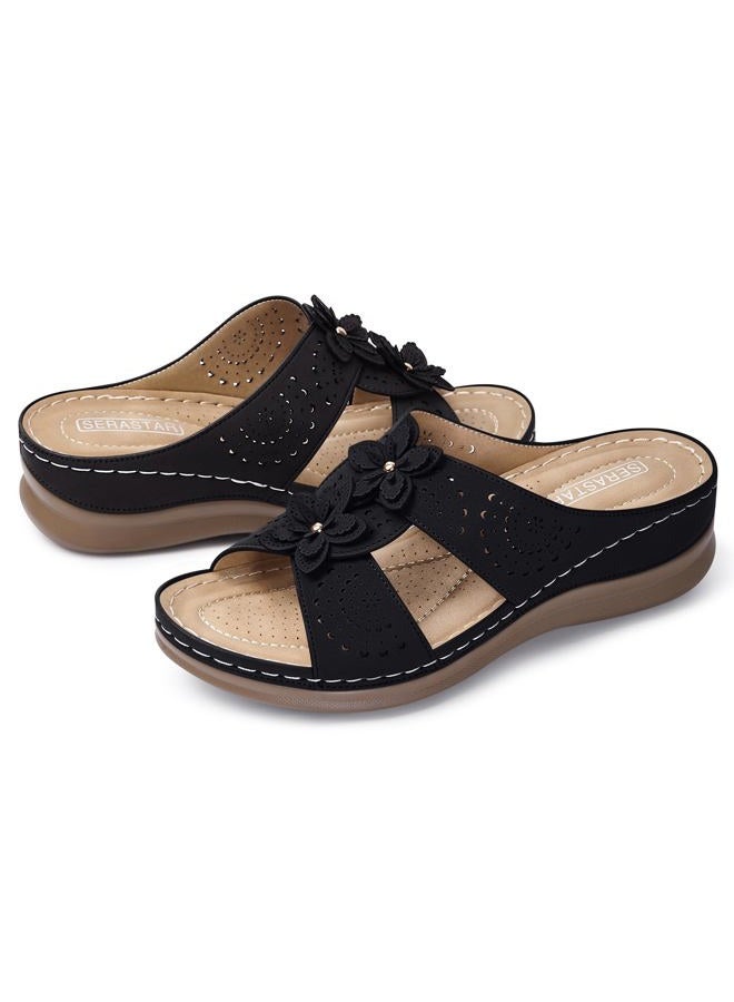 SERASTAR Dressy Flat Sandals for Women - Arch Support Comfortable Walking Slip on Summer Casual Beach Wide Width Flower Womens flats Slide Sandal Shoes, Black, 8 - Image 3