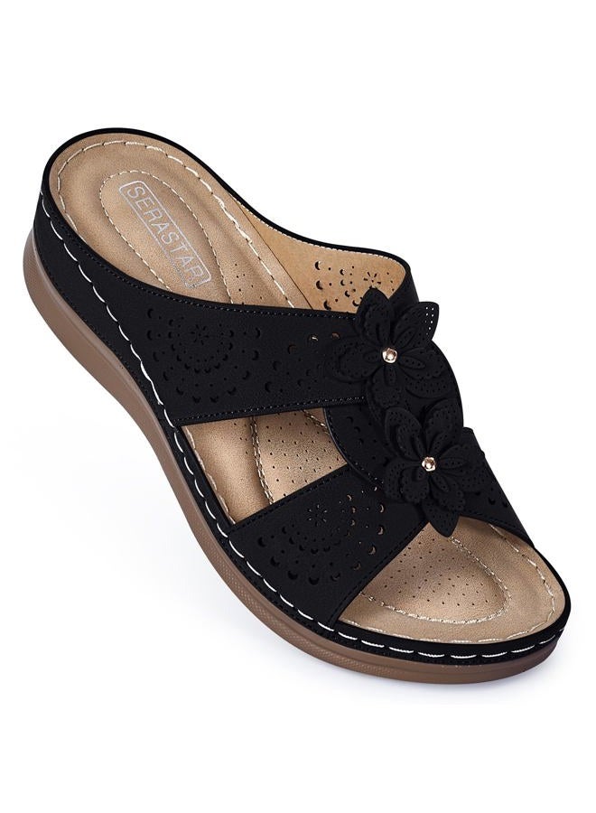SERASTAR Dressy Flat Sandals for Women - Arch Support Comfortable Walking Slip on Summer Casual Beach Wide Width Flower Womens flats Slide Sandal Shoes, Black, 8 - Image 5