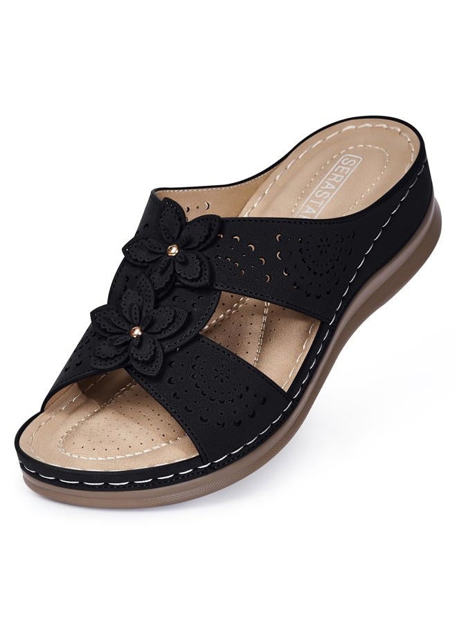SERASTAR Dressy Flat Sandals for Women - Arch Support Comfortable Walking Slip on Summer Casual Beach Wide Width Flower Womens flats Slide Sandal Shoes, Black, 8 - Image 1