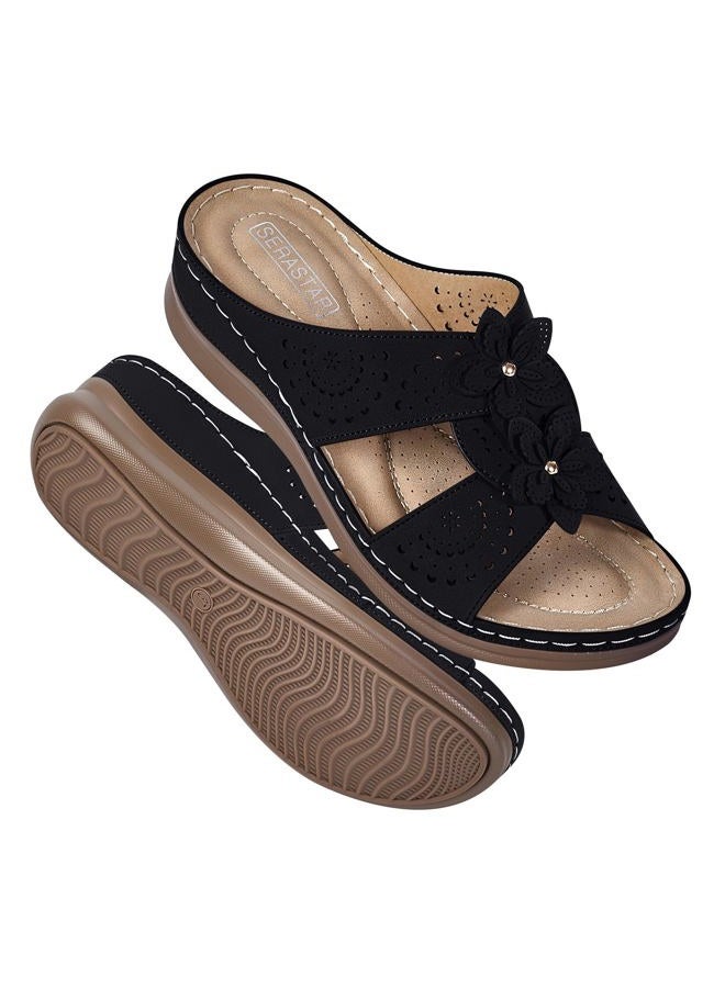 SERASTAR Dressy Flat Sandals for Women - Arch Support Comfortable Walking Slip on Summer Casual Beach Wide Width Flower Womens flats Slide Sandal Shoes, Black, 8 - Image 2