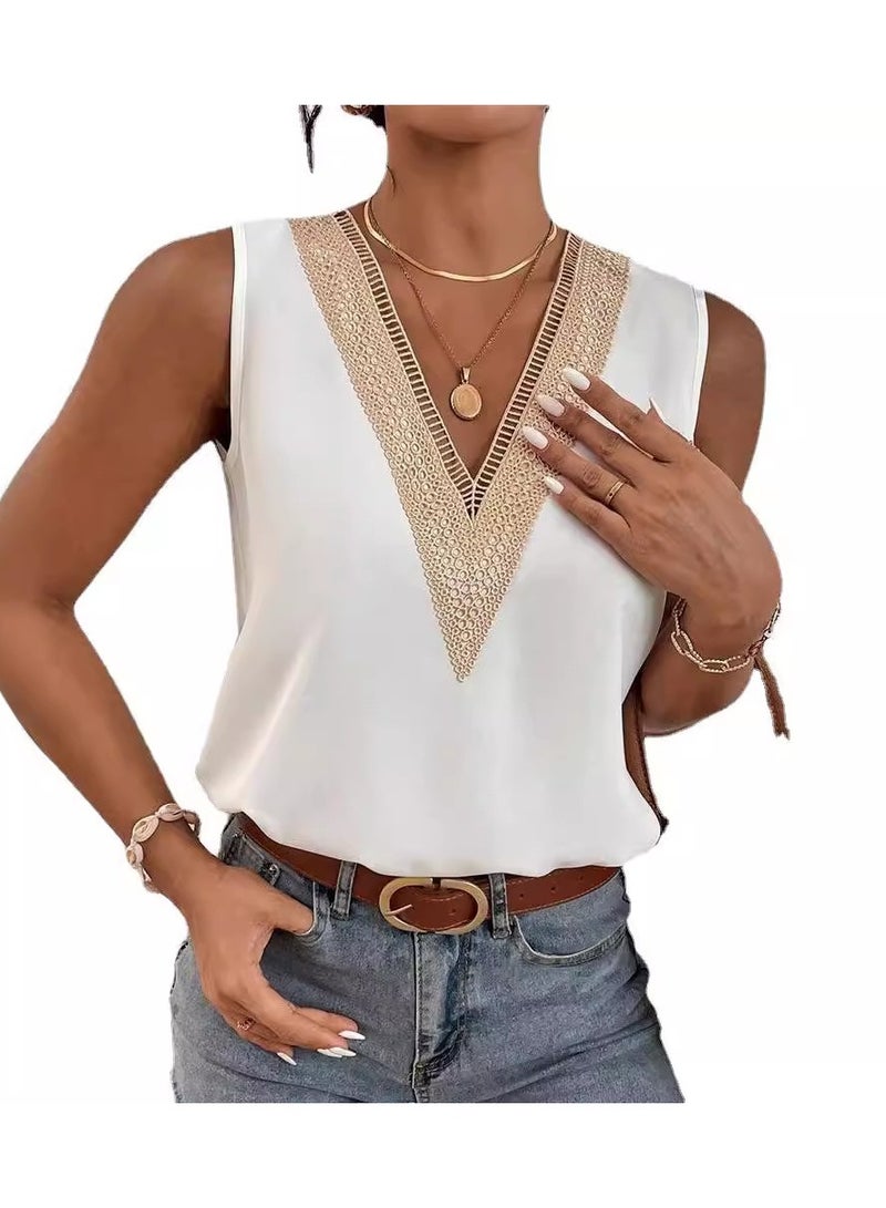 Shougu New Sleeveless V-neck Patchwork Minimalist Shirt For Women - Image 1