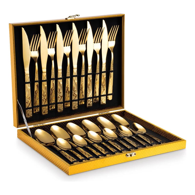 24-Piece Retro Stainless Steel Cutlery Set with Gold Wooden Box - Perfect for Western  Dining - Image 1