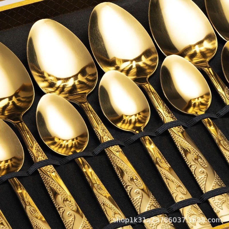 24-Piece Retro Stainless Steel Cutlery Set with Gold Wooden Box - Perfect for Western  Dining - Image 2