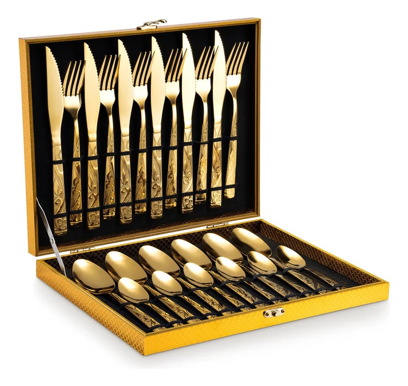 24-Piece Retro Stainless Steel Cutlery Set with Gold Wooden Box - Perfect for Western  Dining - Image 5
