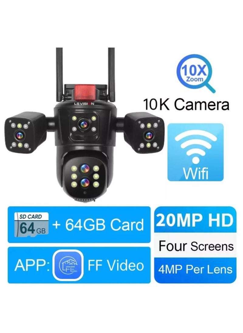 LS Vision 20MP WiFi IP Camera Network Camera Outdoor 10X Optical Zoom Four Screens Five Lens PTZ Auto Tracking Waterproof CCTV Camera With 64GB Card  - Image 1