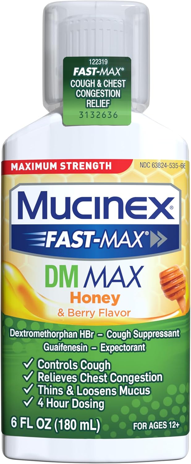 Mucinex Fast-Max Maximum Strength DM MAX, Symptom Relief, Cough Suppressant and Expectorant, Honey & Berry Flavor, 6 FL OZ