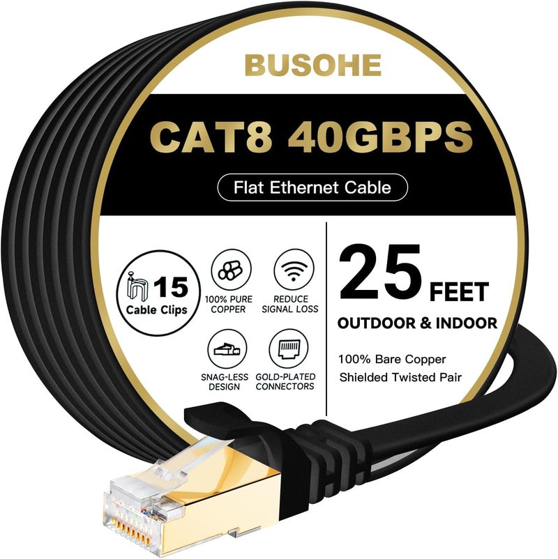 BUSOHE Cat 8 Ethernet Cable 25 FT, 40Gbps 2000MHz Cat8 High Speed Flat Internet Network Patch Cord, SFTP Shielded LAN Wire with Gold Plated RJ45 Connector for Outdoor Indoor, with Clips- 25FT Black - Image 1
