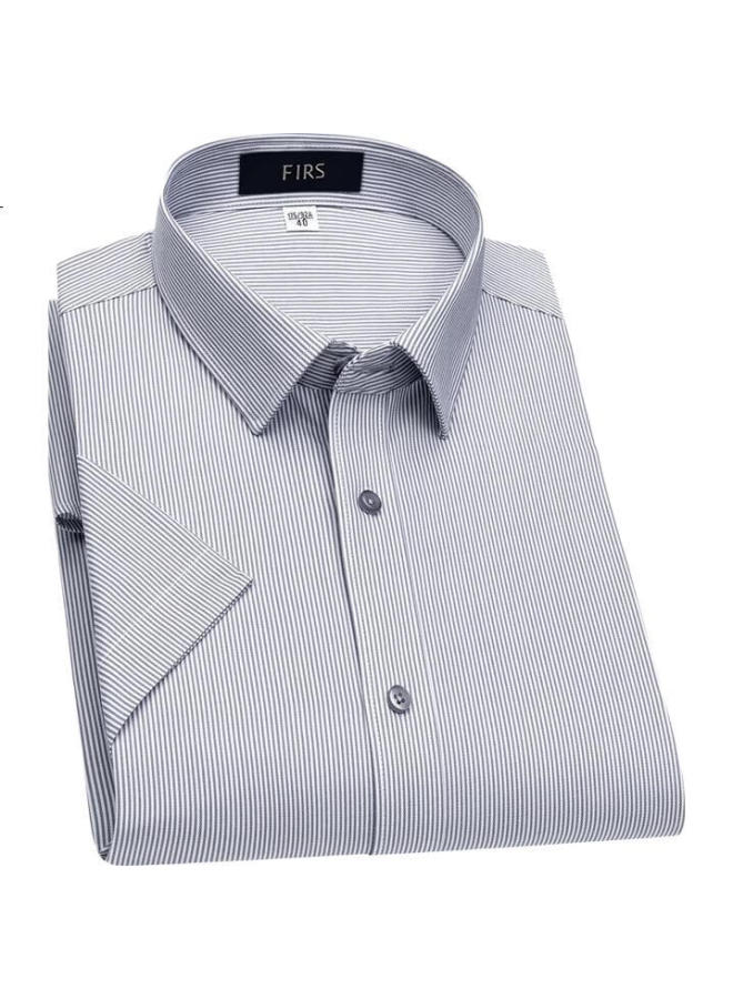 Firs Dp Wrinkle-Free Short-Sleeve Shirt For Men, Pure Cotton Striped Summer Business Formal Wear, All Cotton, Gray Stripes, Size 38 - Image 1