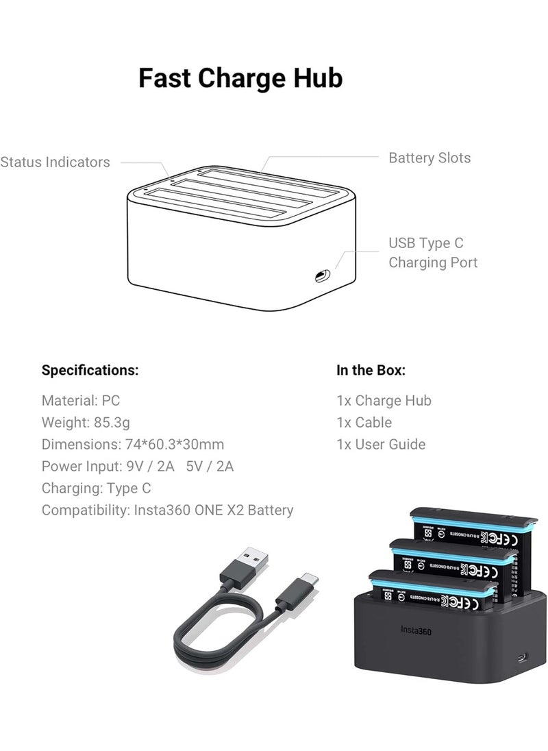 Insta360 Insta360 ONE X2 Battery  Fast Charge Hub Bundle  Includes Fast Charge Hub  2 Batteries 1630mAh for Insta360 ONE X2 360 Camera 3 Items  - Image 4