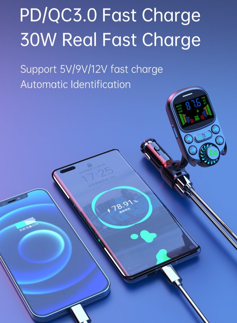 Car Bluetooth FM Transmitter — Hands-Free Adapter with QC3.0/PD/Huawei FCP/Samsung AFC/BC1.2/Apple 2.4A, U-Disk/TF Playback (MP3/FLAC/WAV/APE), Voice Broadcast, Auto-Connect, Bass/Treble EQ, Multi-Protection - Image 4