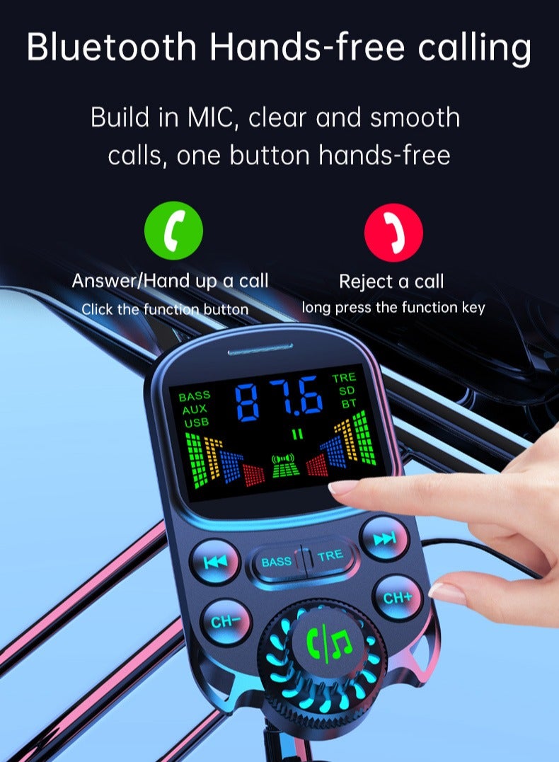 Car Bluetooth FM Transmitter — Hands-Free Adapter with QC3.0/PD/Huawei FCP/Samsung AFC/BC1.2/Apple 2.4A, U-Disk/TF Playback (MP3/FLAC/WAV/APE), Voice Broadcast, Auto-Connect, Bass/Treble EQ, Multi-Protection - Image 5