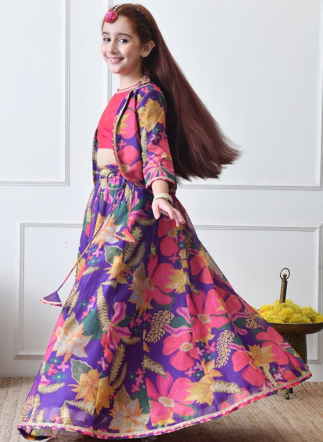 Indi-Loom Couture Girls Printed Ready to Wear Lehenga With Blouse & Jacket - Image 2