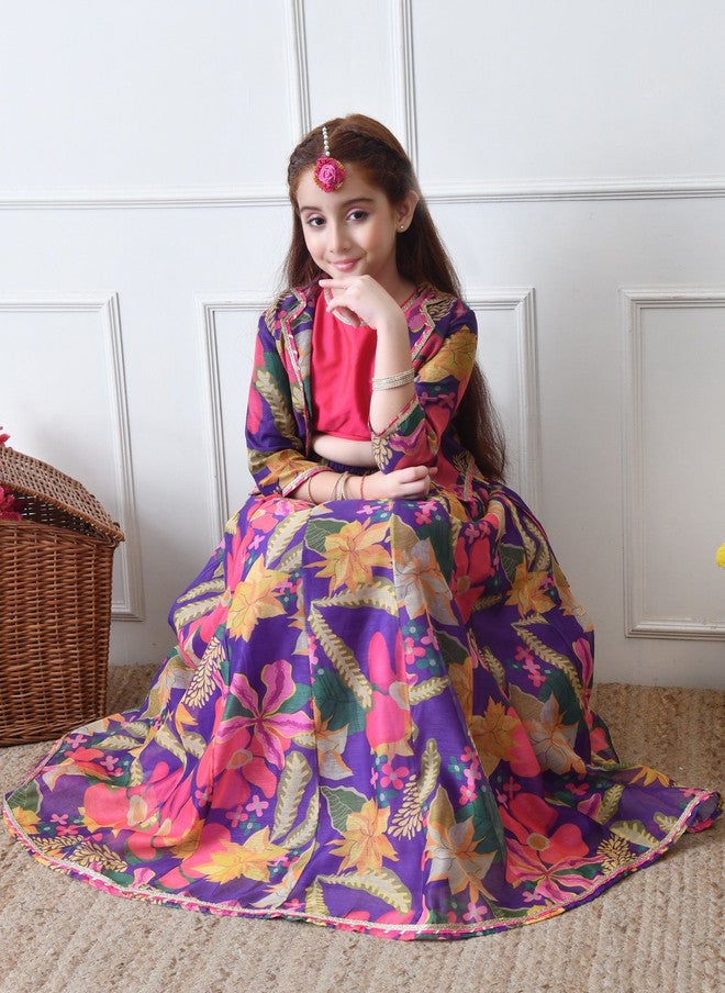 Indi-Loom Couture Girls Printed Ready to Wear Lehenga With Blouse & Jacket - Image 3