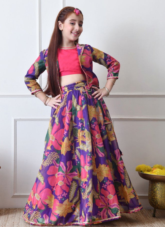 Indi-Loom Couture Girls Printed Ready to Wear Lehenga With Blouse & Jacket - Image 1