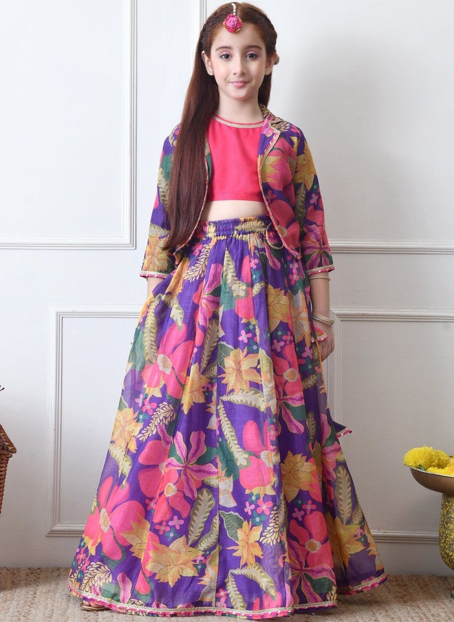 Indi-Loom Couture Girls Printed Ready to Wear Lehenga With Blouse & Jacket - Image 4