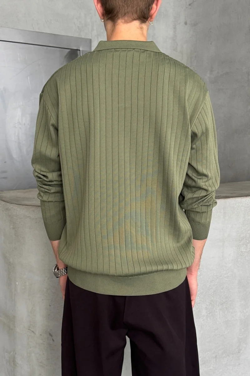 هايمان Men's Polo Collar Ribbed Oversize Knitwear Sweater