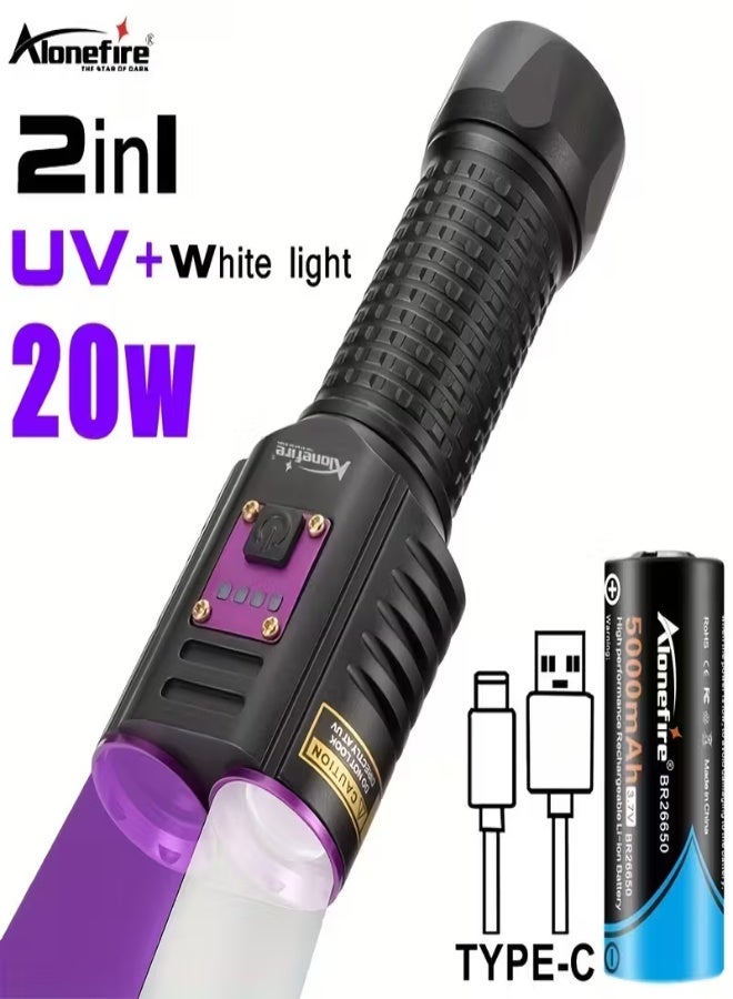 Alonefire SV72 20W 2-in-1 LED Flashlight with White & 365nm UV Light – USB Rechargeable, Handheld Torch for Pet Urine, Oil, Ore, Money Check, Security, and Outdoor Use – 20m Range, Aluminum Alloy - Image 1